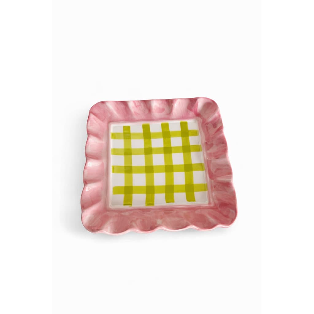 TRAVESSA QUADRADA 22cm PORCELANA ROSA XADREZ VERDE