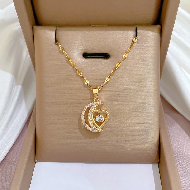 Colar De Coração De Lua Gargantilha Corrente De Aço Inoxidável Dourado