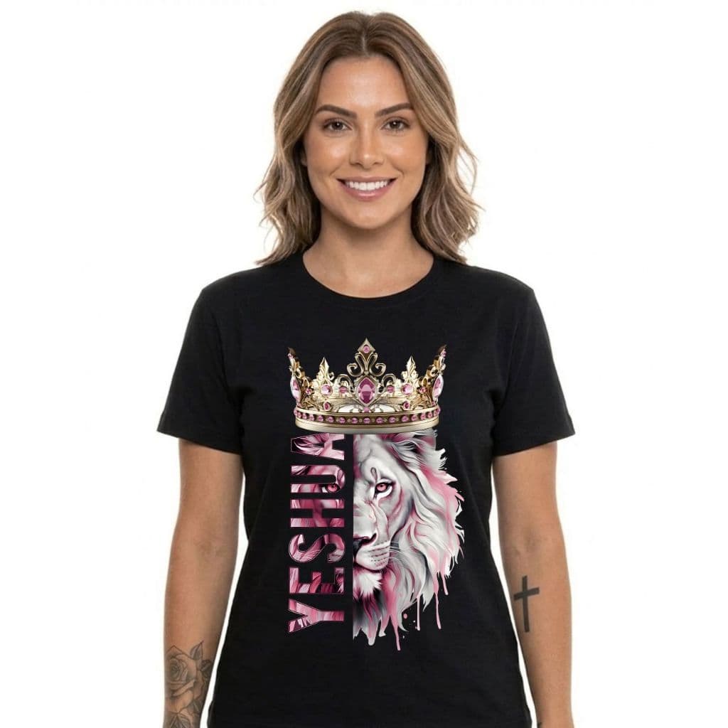 Camiseta Cristã FEMININA LEÃO YESHUA ROSA camiseta camisa blusa tshirt evangelica gospel