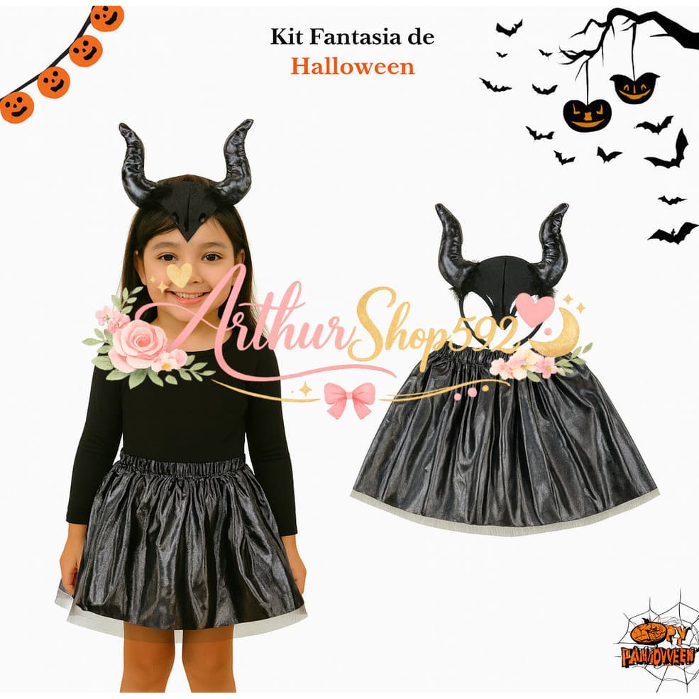 (V)Fantasia Infantil Halloween Saia Preta com Tiara de Chifres 🖤P2WM