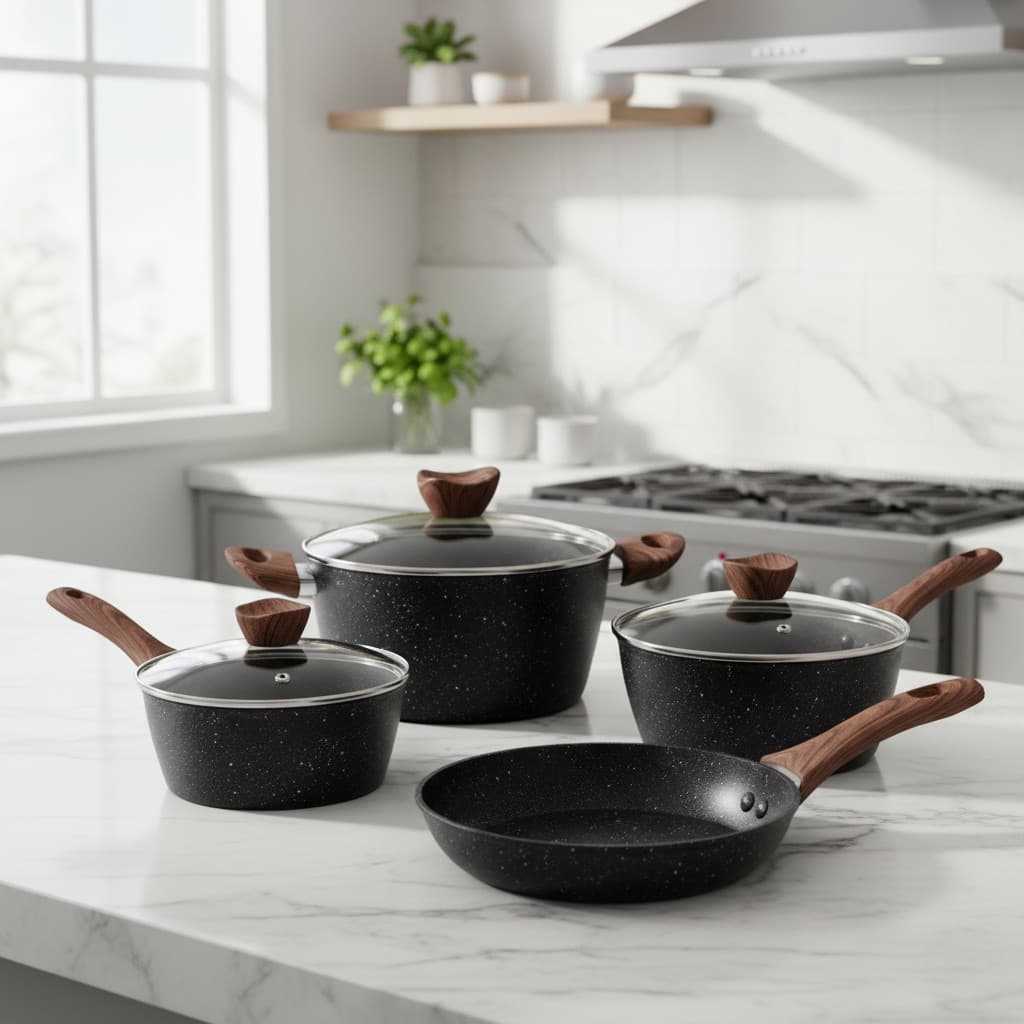 Conjunto Panelas 4 Peças Antiaderente Indução Fundo Triplo Tampa Vidro Stone Preto Cozinha Profissional Completo
