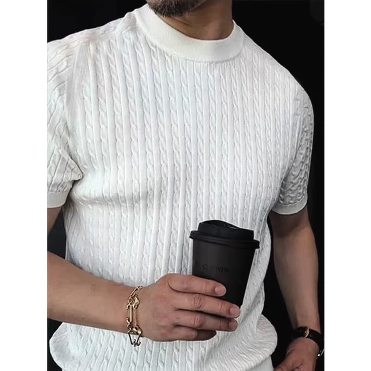 Bens europeus torcido torcido malhas masculino em torno do pescoço fino-ajuste moletom de manga curta textura legal resp