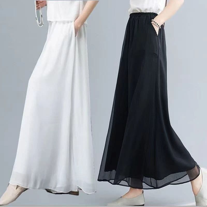 Calças De Perna Larga De Chiffon De Camada Dupla Para Mulheres , Finas De Cintura Elástica , Gota Alta Saia Soltas E Ele
