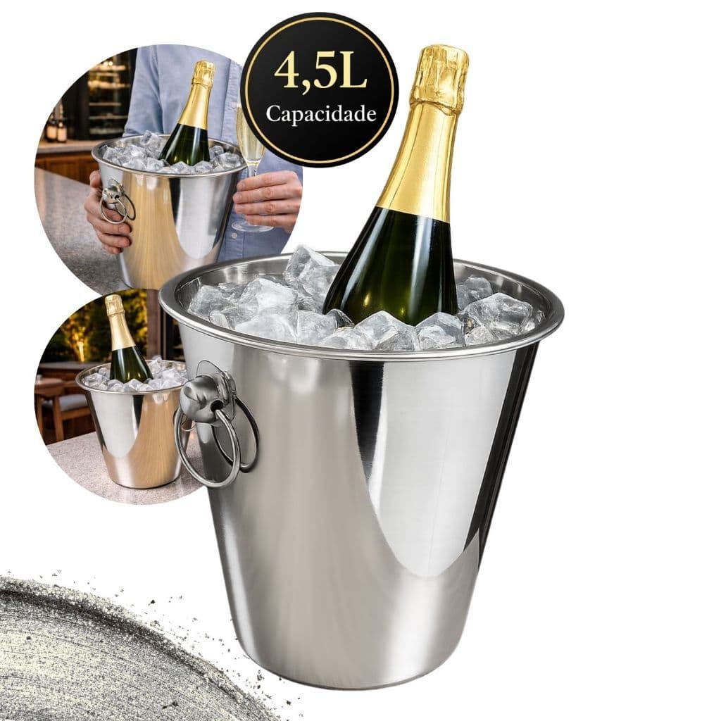 Balde de Gelo 4,5 Litros Aço Inox com Alça Resistente para Champagne Cerveja Bebidas Garrafa Evento Bar  long neck