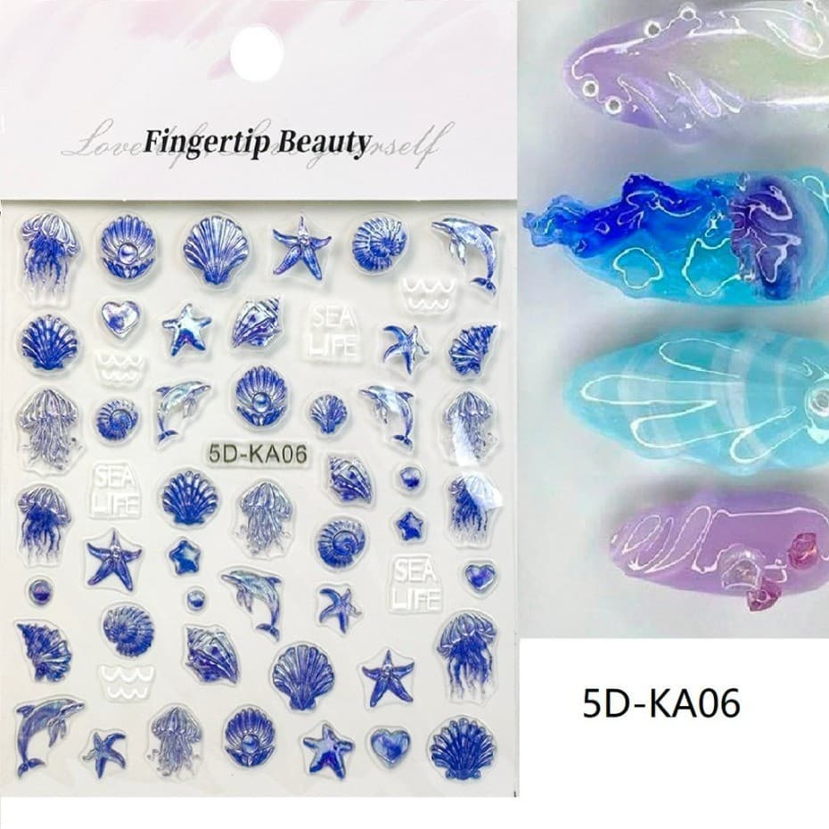 Fingertip Beauty 5D Em Relevo Oceano Vida Marinha Adesivos De Unhas Azul E Branco 3D Água-Viva Golfinho Estrela Do Mar D