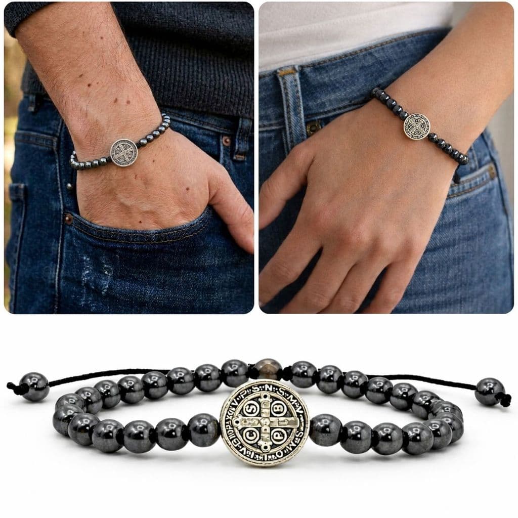 Pulseira São Bento Hematita Ajustável Proteção Espiritual Masculina Feminina