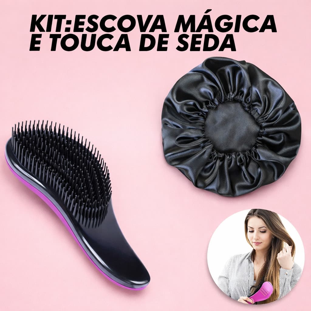 Escova Mágica Desembaraçadora + Touca Cetim Antifrizz Cores Sortidas