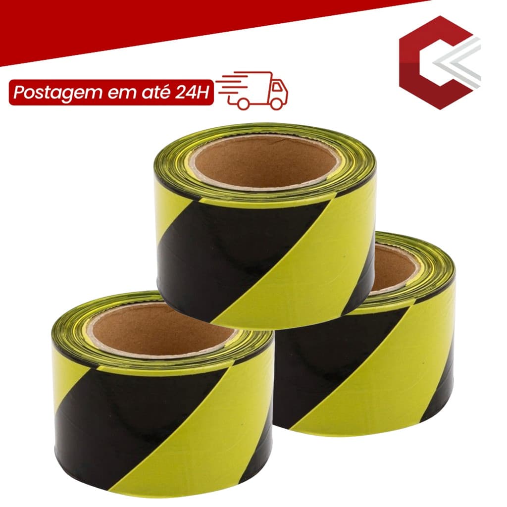 Fita Zebrada Preta E Amarela 7CM X 200M Pala Isolamento De Áreas Kit Com 3 Unidades
