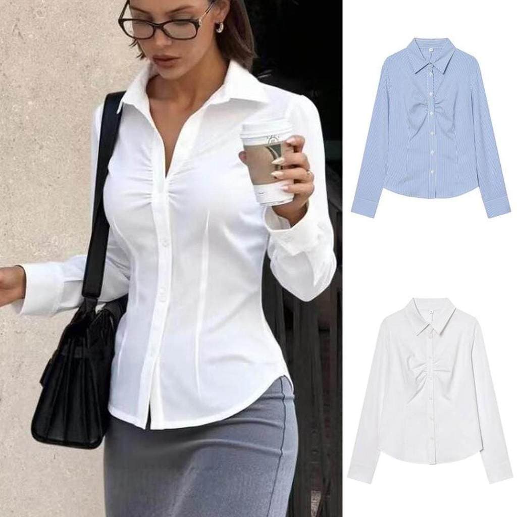 Camisa de lapela com decoração plissada no peito novo estilo de inverno 173343