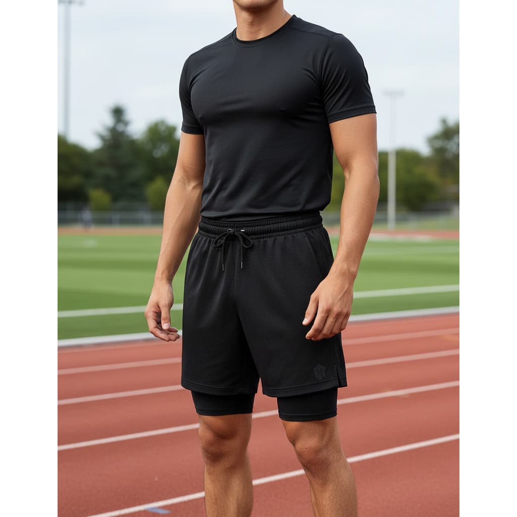 Short Fitness Masculino 2 em 1 Compressão Azul Marinho Com Bolso Interno