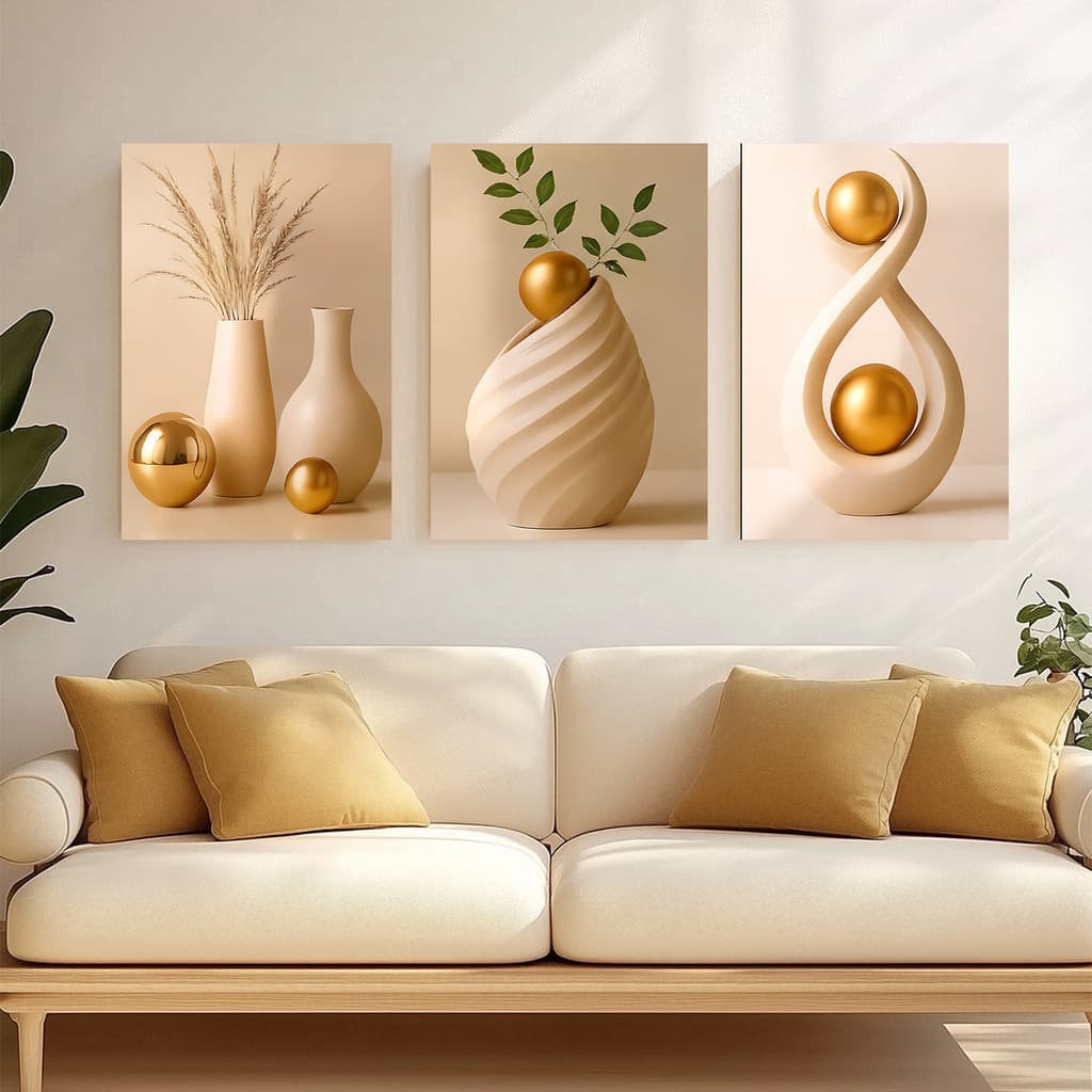 Kit 3 Quadros DecorativosVaso Bege E Dourado Nórdico Abstrato Geométrico Minimalista Moderno