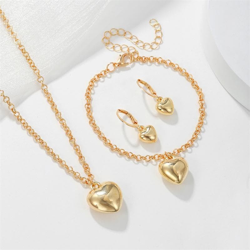 [Trêsgoodstonesgen] 1 Conjunto Simples Moda Coração Dourado Pingente Brincos Colar Pulseira Femininas PresentesTsg