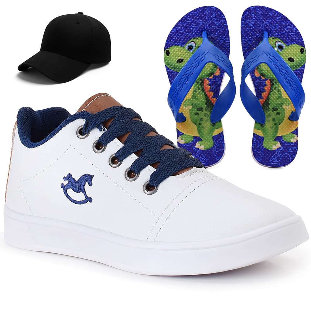 Kit Tênis Infantil Menino Casual Branco + Boné Infantil + Chinelo Infantil