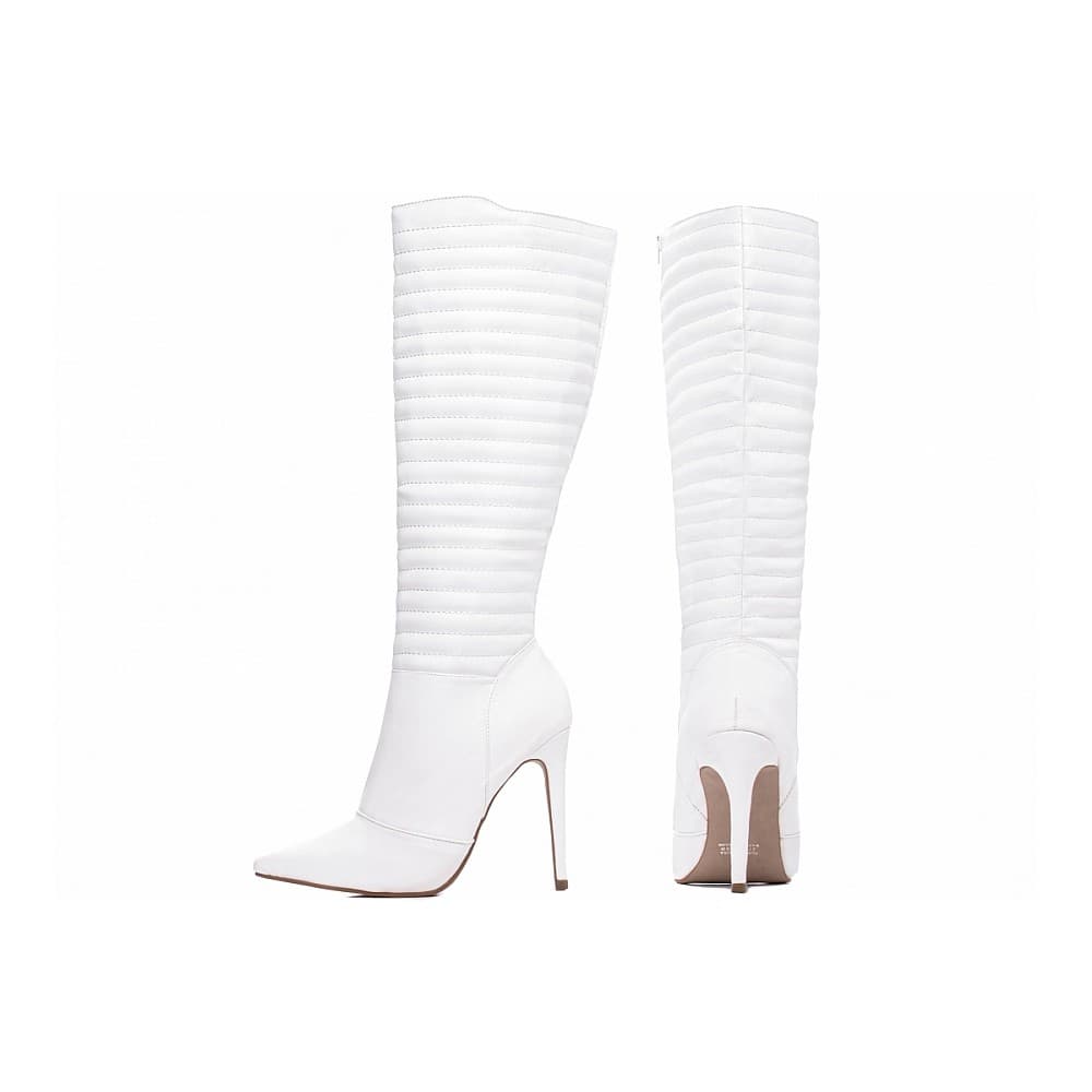 Bota Bico Fino Salto Fino Alto  12cm  Cano Longo Oval Branco