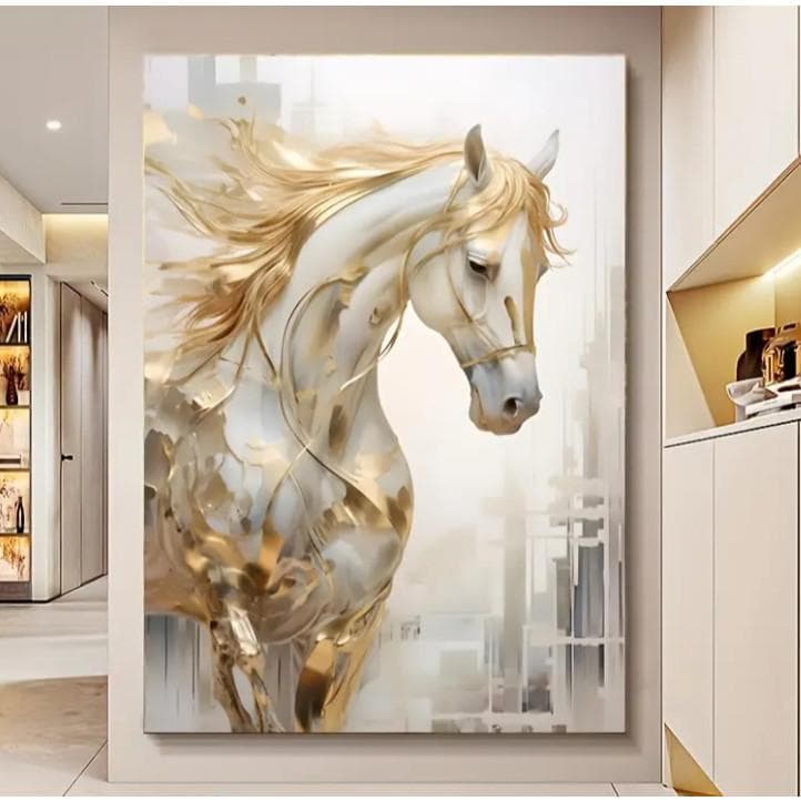 Quadro decorativo cavalo branco dourado artístico grande 1 peça sala quarto escritório decoração
