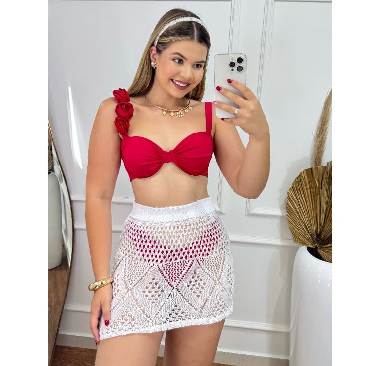 Saia Curta Saída De Praia Rendada Crochê EMILI Roupa Feminina Moda Verão Elegante