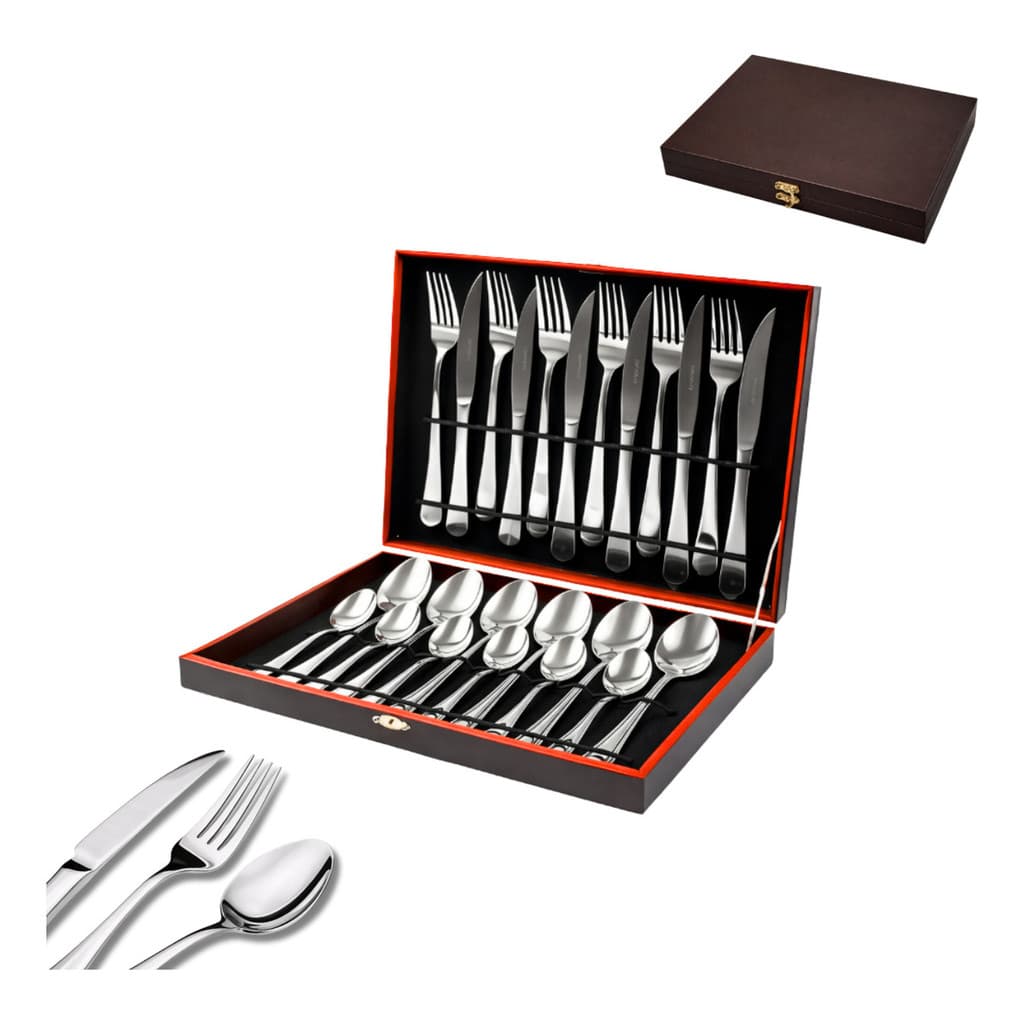 Faqueiro Inox Premium 24 Peças com Maleta de Madeira para Mesa e Decoração