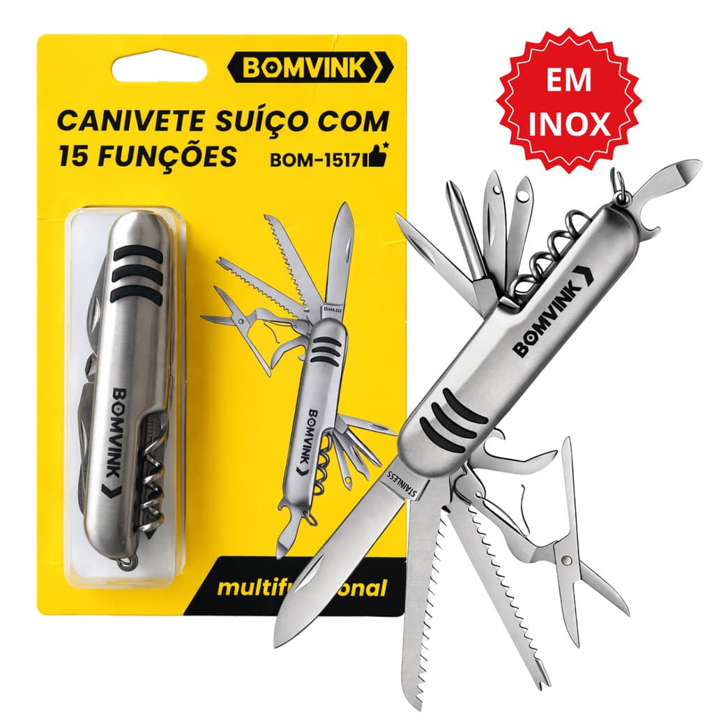Canivete Suíço 15 Funções Inox Multifuncional Camping Pesca - Tesoura, Abridor, Chave Phillips, e +