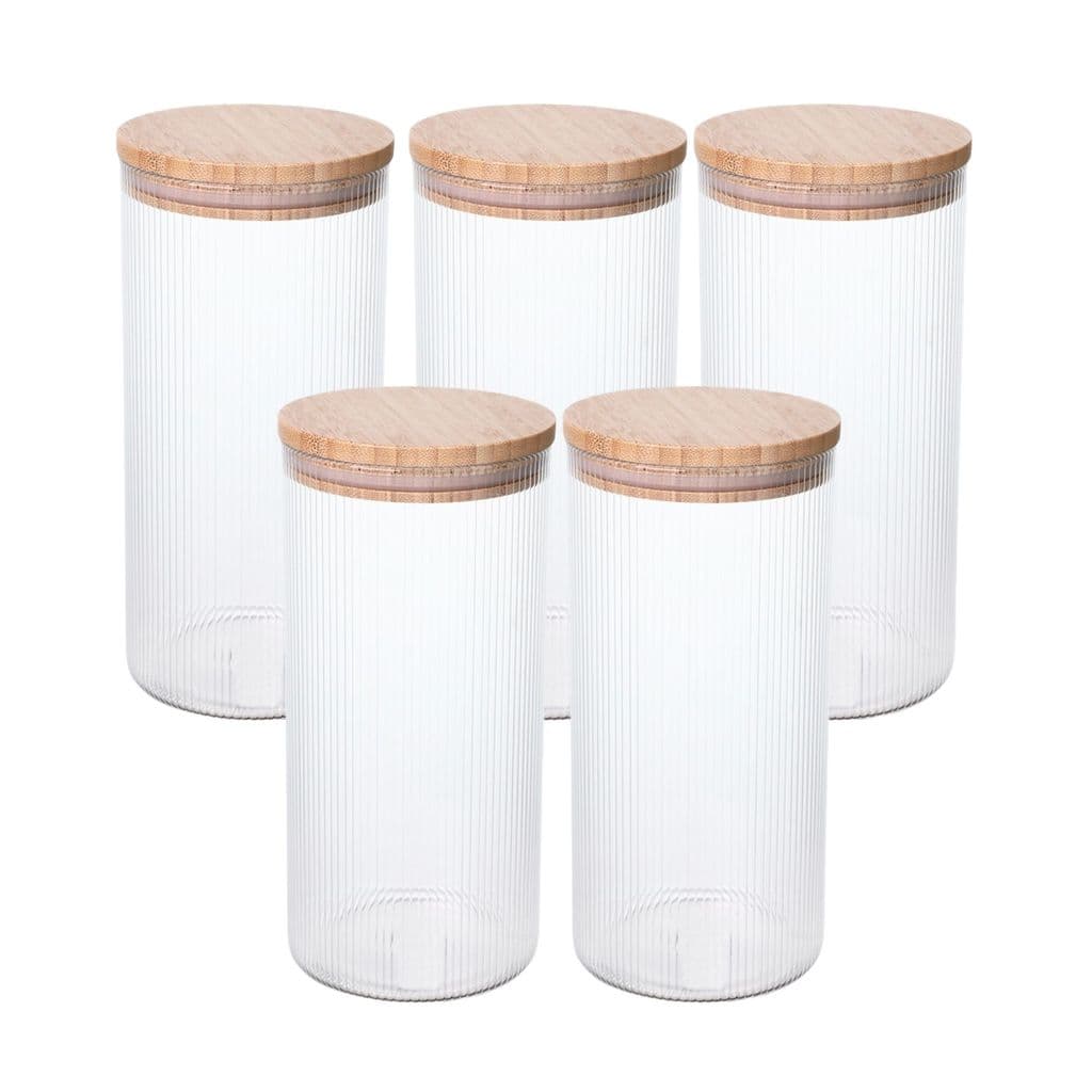 Kit 5 Pote Hermético Premium 1,4L Listrado com Tampa de Bambu para Mantimentos