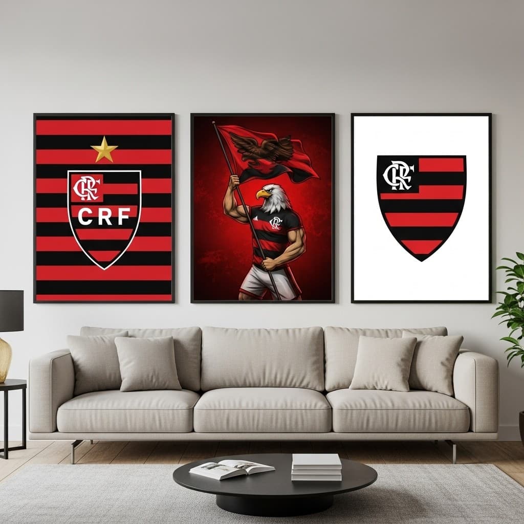 Quadro Decorativo Flamengo 3 Peças com Estrela – Arte Profissional Qualidade unica Rubro-Negra