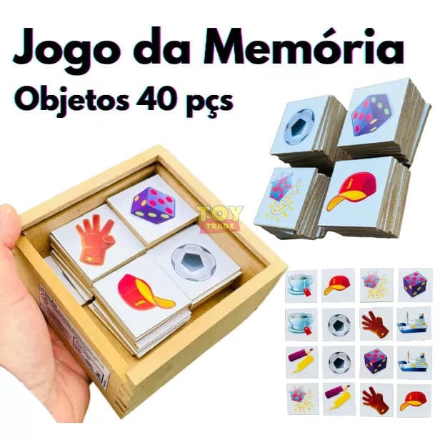 Jogo da Memória Objetos com 40 Peças em Madeira – Toy Trade Educativo para Atenção e Foco