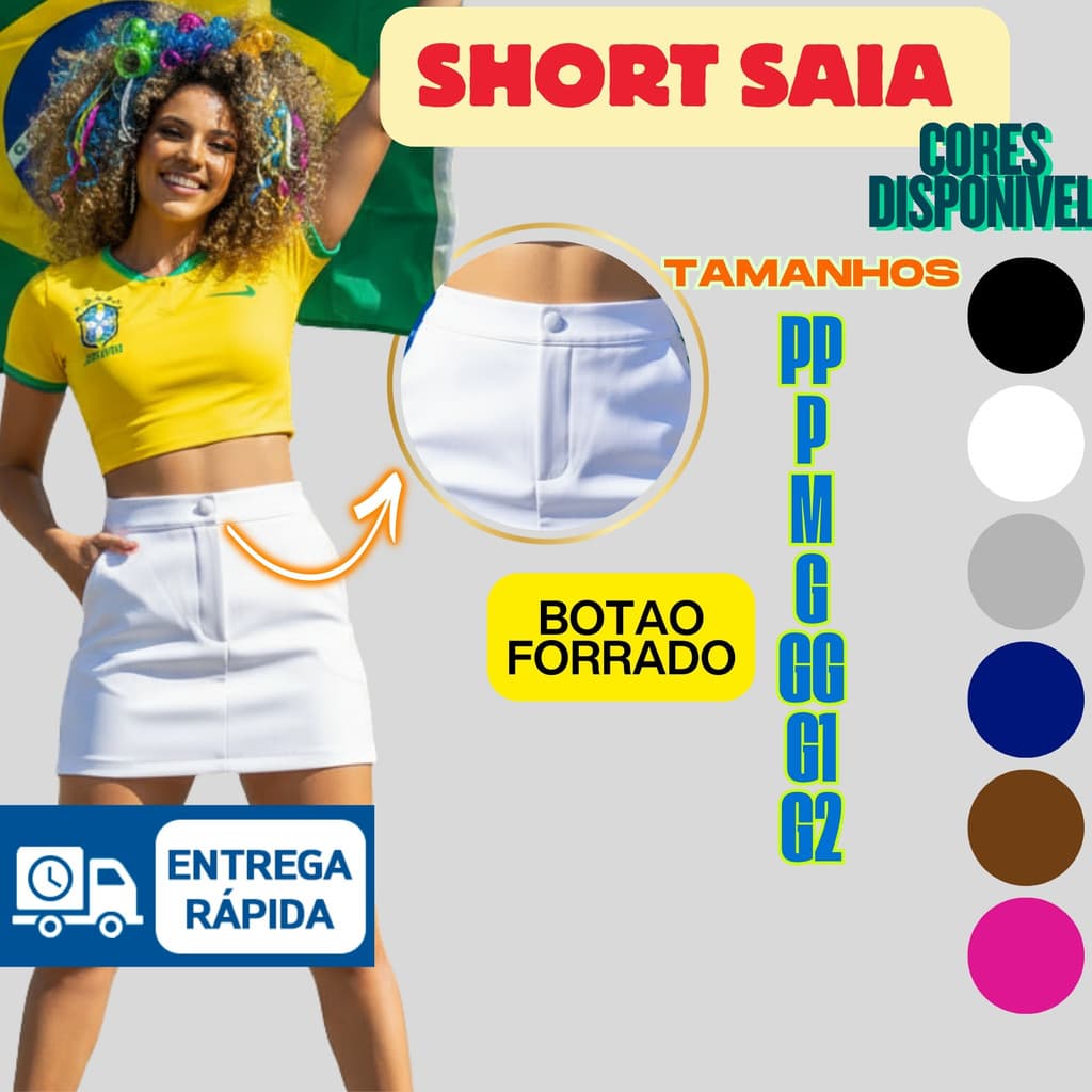 Short Saia Social Alfaiataria Com Botão Encapado Tendência Blogueira Luxo Várias Cores PP Ao G2