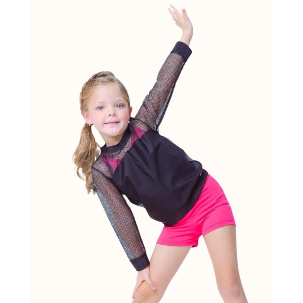 Bomber Preto detalhe em tela Fitness Infantil Premium poliamida 4 a 12 anos, ginástica, vôlei, dança.