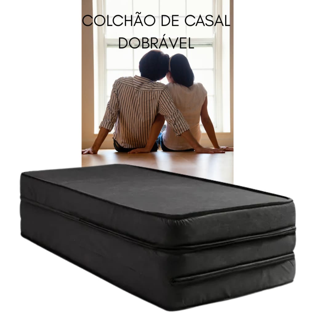 Colchão de Casal Dobrável Multiuso Puff Sofá Espuma de Alta Qualidade Leve Prático na cor Preta.