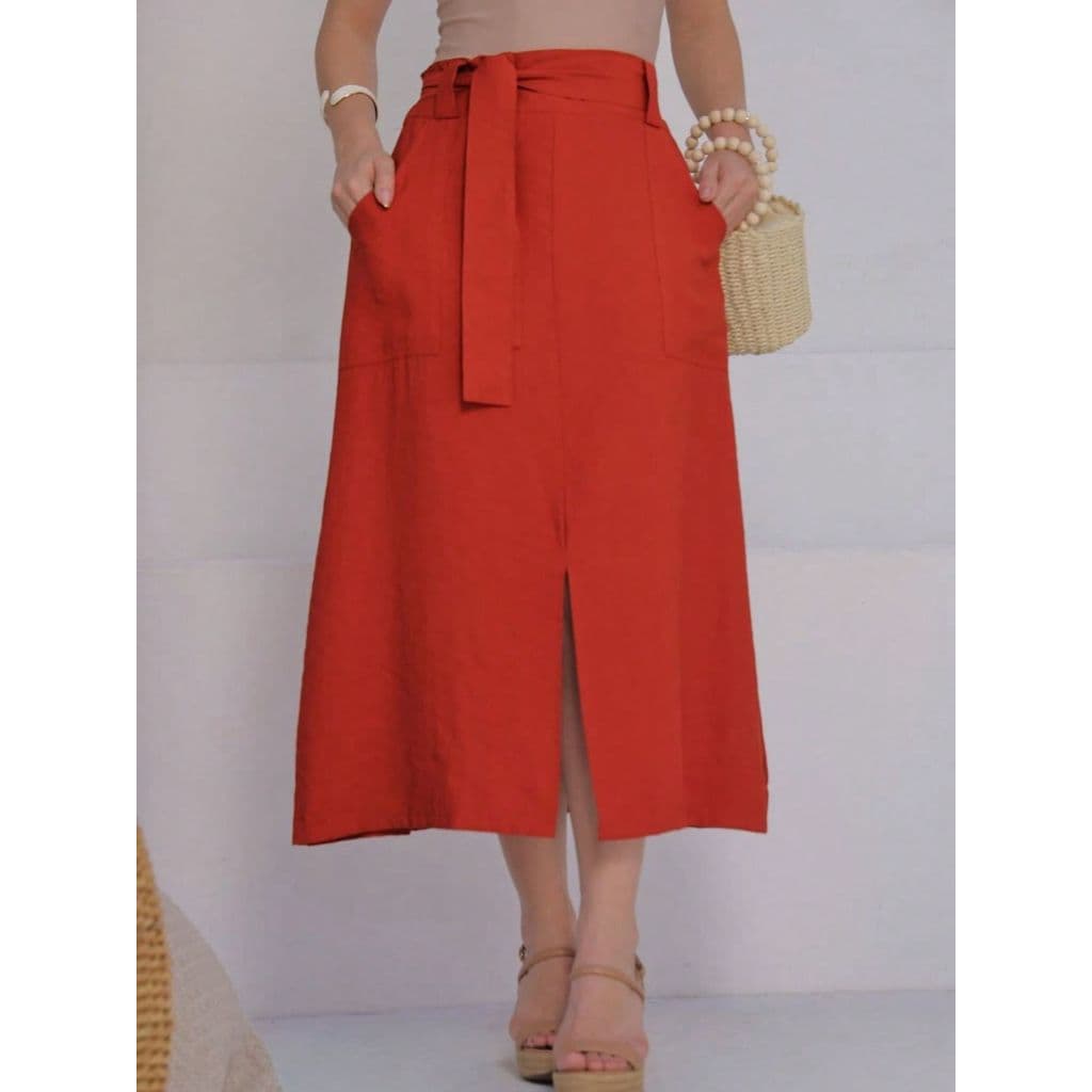 Saia Lisa Estilosa Elegante Feminina   Simples    Casual    Bolso  Com Cinto    Escritório