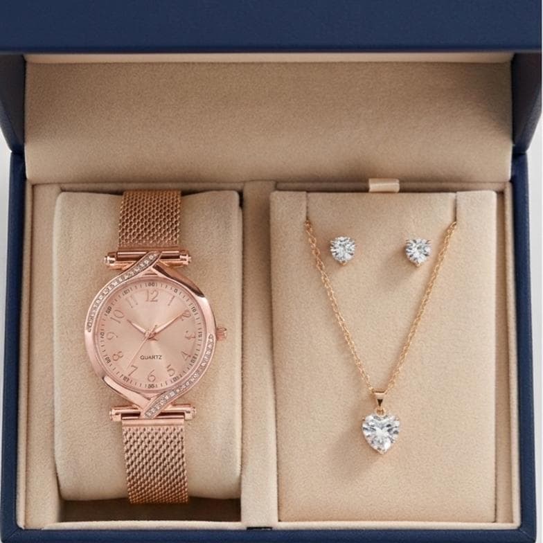 Kit Relógio Feminino Luxo + Colar e Brincos | Presente Ideal Aniversário e Dia das Mães