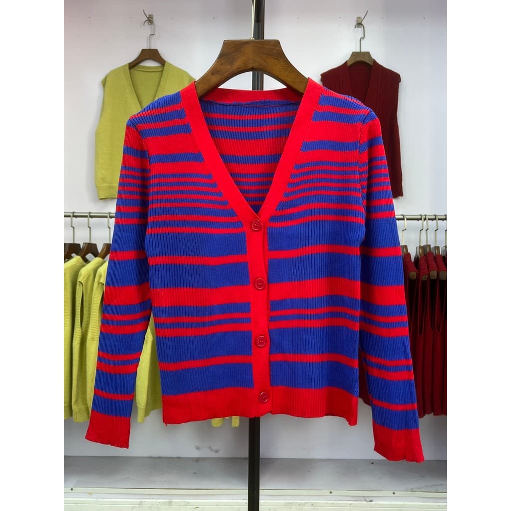536 2025 primavera novo estilo listrado contraste cor solta malhas moda mais magro olhar de manga comprida topo Cardigan