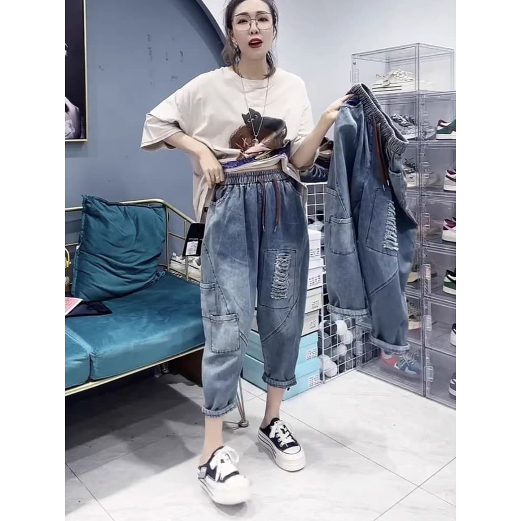 Verão gordura mm150kg tamanho grande Denim papai calças femininas novo estilo cintura elástica rasgado Harem calças Retr