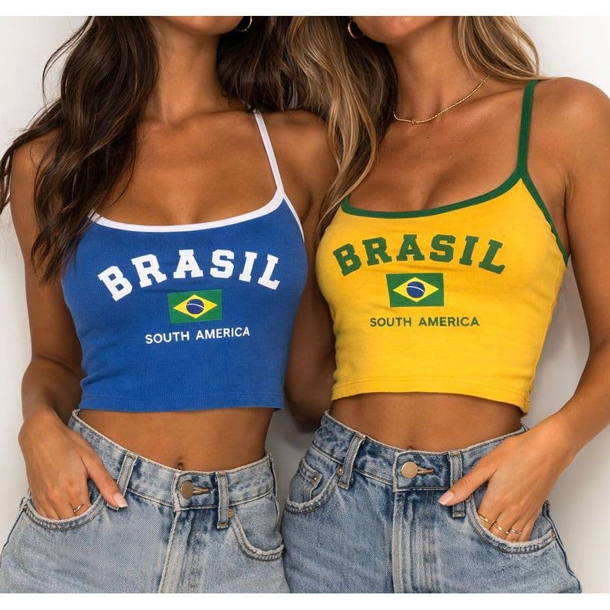 Regata Cropped Brasil Moda Feminina Estampa Brasil  Y2K Tipo Gringa Copa 2026