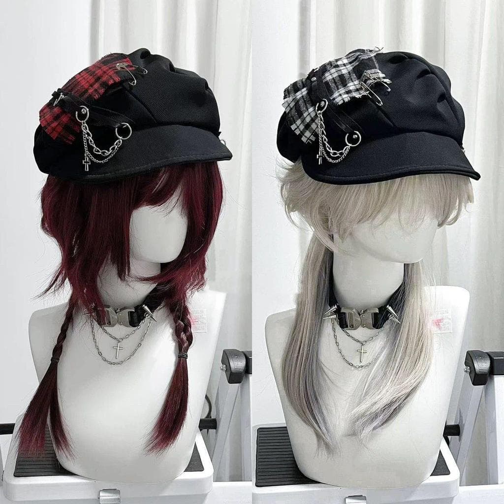 Chapéu adequado para cabelo curto y2k cultura asiática Punk Millennium Hot Girl cruz neutra boina xadrez escura