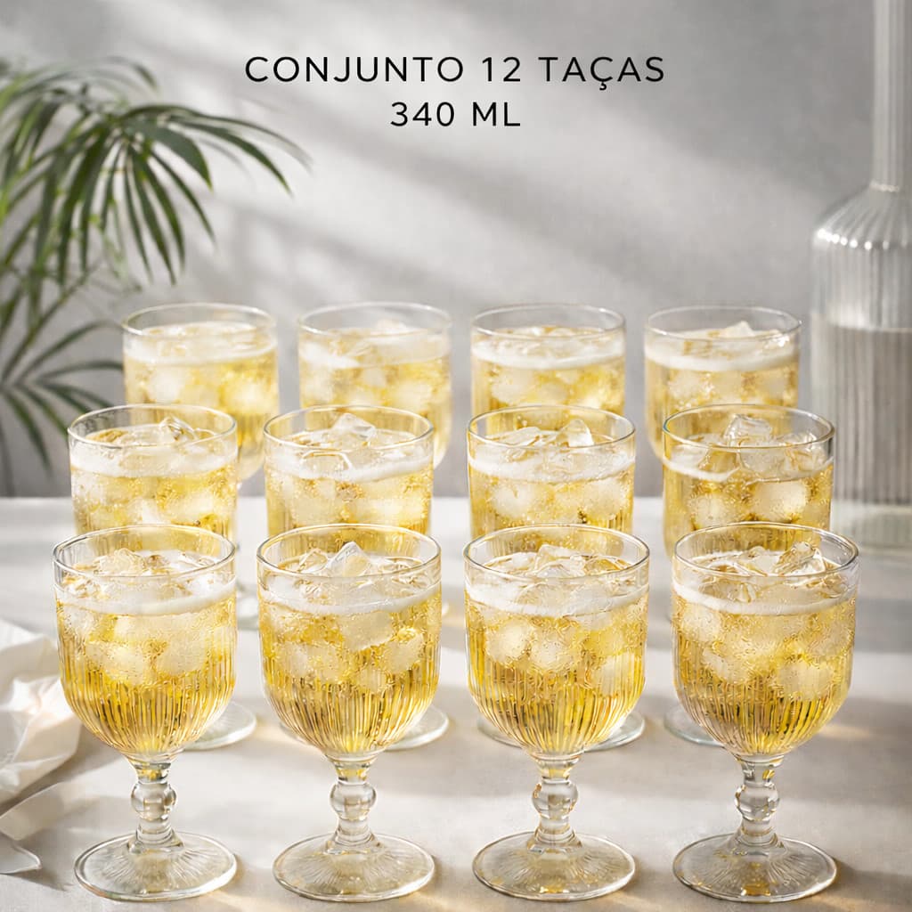 Kit 6 ou 12 Taças Versalhes 340ml – Vidro Reforçado, Canelado, Elegância Para Mesa e Drinks
