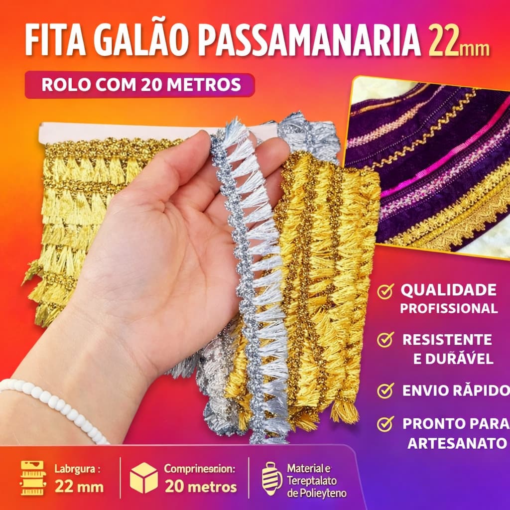 Fita Galão Passamanaria - 22mm - Ref:Galao-40 - Rolo C/20 Mts