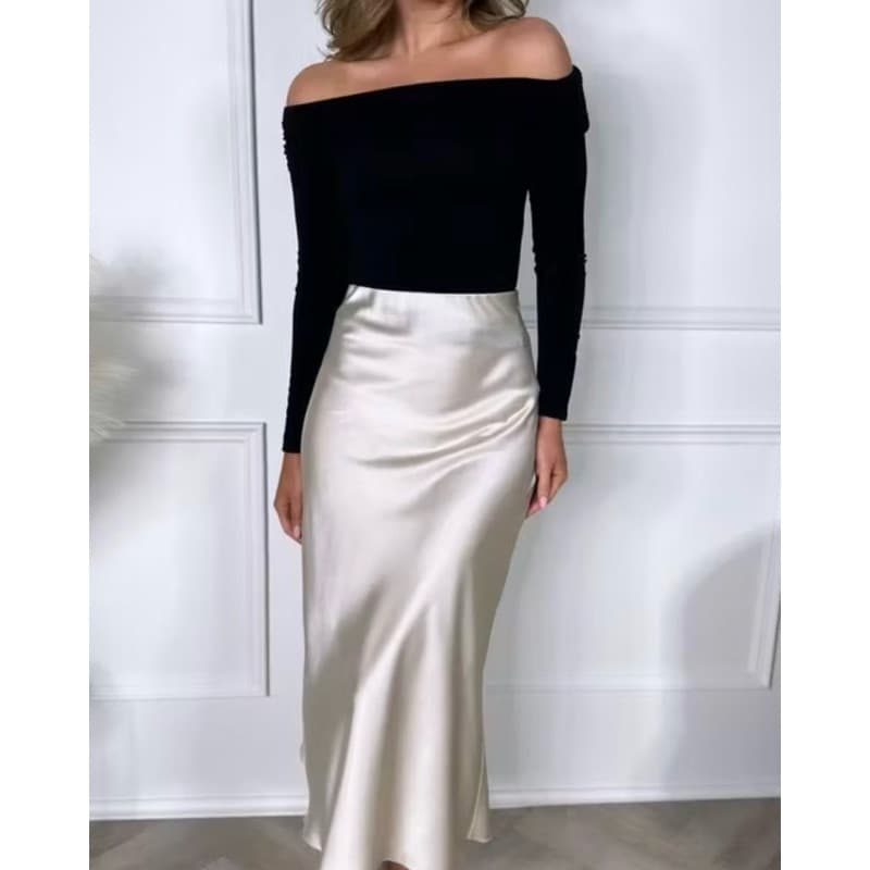 Saia Mídi Feminina Cetim Cintura Alta com Ziper Casual e Elegante Moda Evangelica