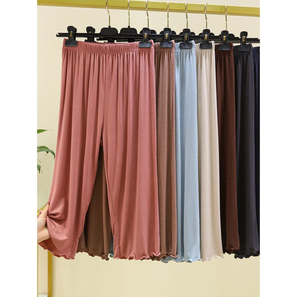Modal fino calças cortadas mulheres verão solto cintura alta calças de perna larga casa calças de pijama mais magro olha