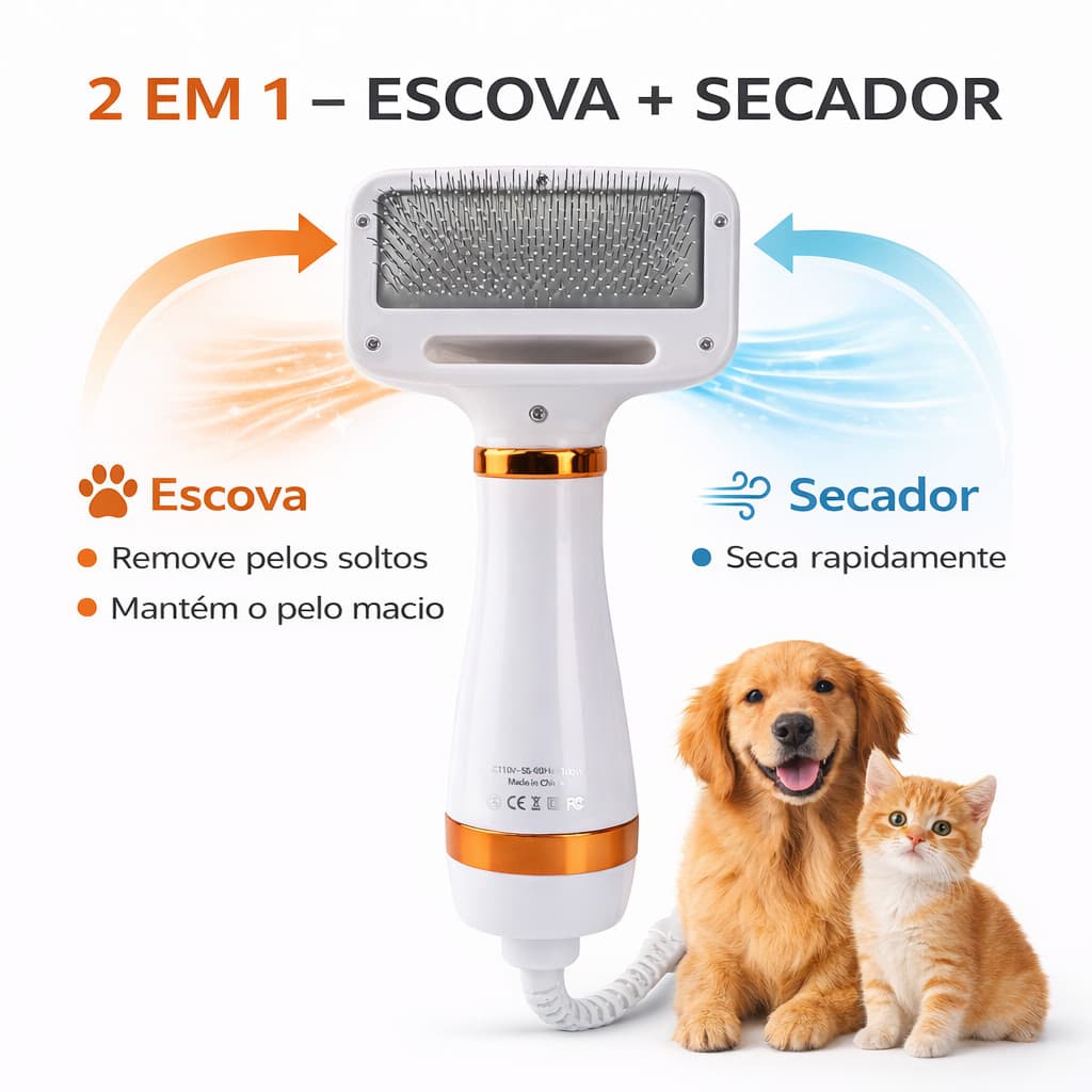 Escova Secadora Pet 2 em 1 Portátil para Secar e Remover Pelos de Cachorro e Gato 110V