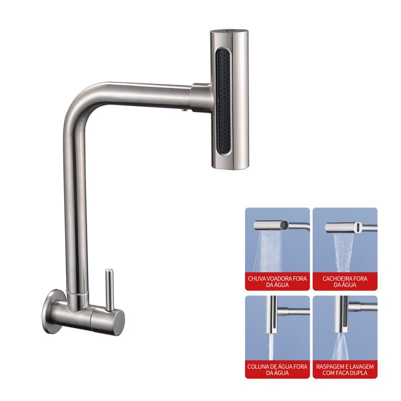 Torneira de Parede Cozinha Inox 304 Preta 4 Modos Água Fria