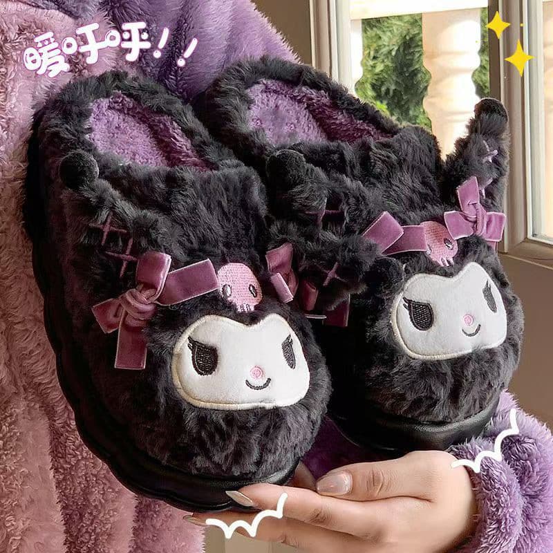 Sanrio Kuromi chinelos de algodão senhoras outono inverno 2026 novo estilo bonito pelúcia engrossado chinelos quentes fe