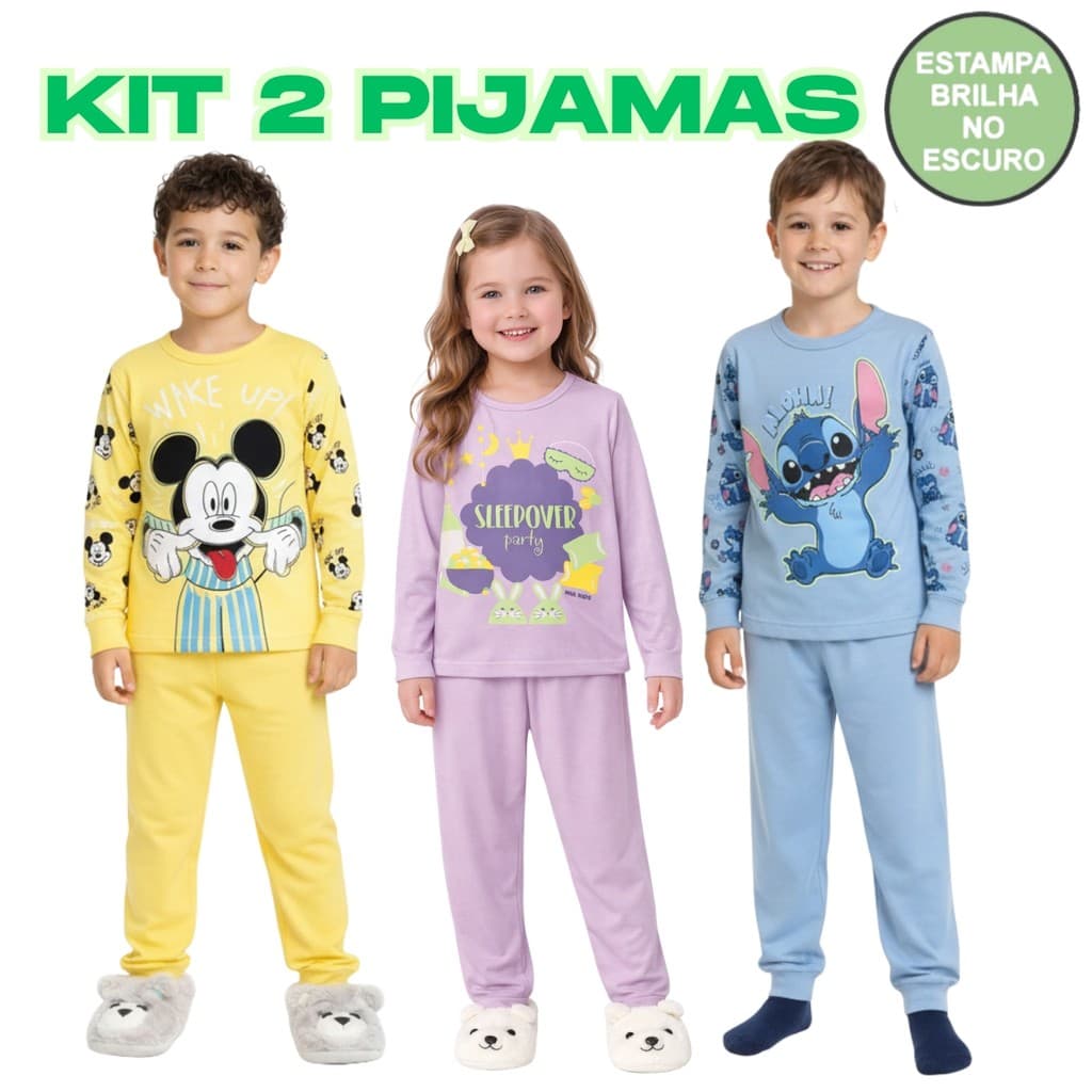 Kit 4 Peças Pijama Brilha no Escuro Personagens Manga Longa Menino e Menina Infantil Mickey Aranha Stitch Minnie Inverno