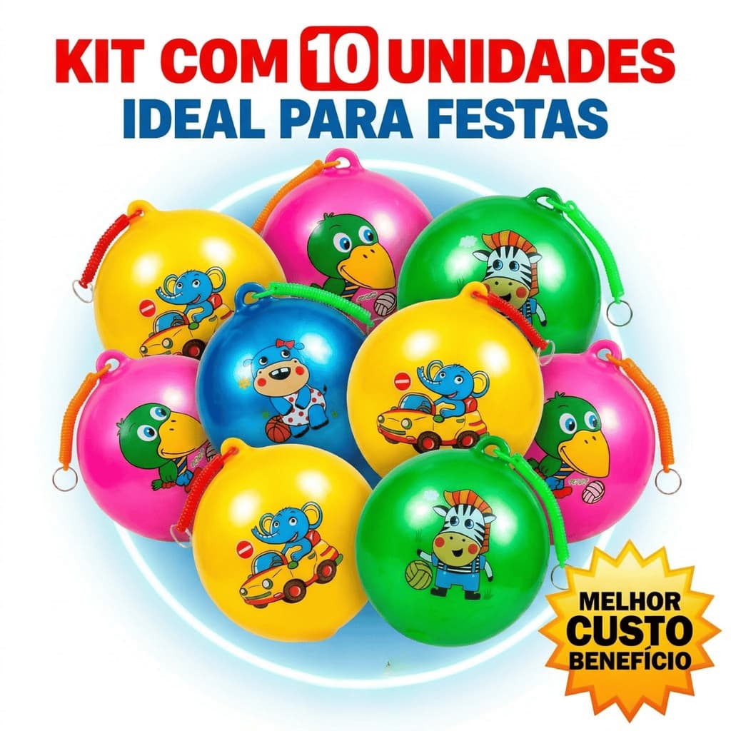 Kit 10 Balão Pula Pula Infantil Com Alça Elástica Brinquedo Colorido Para Crianças Festa