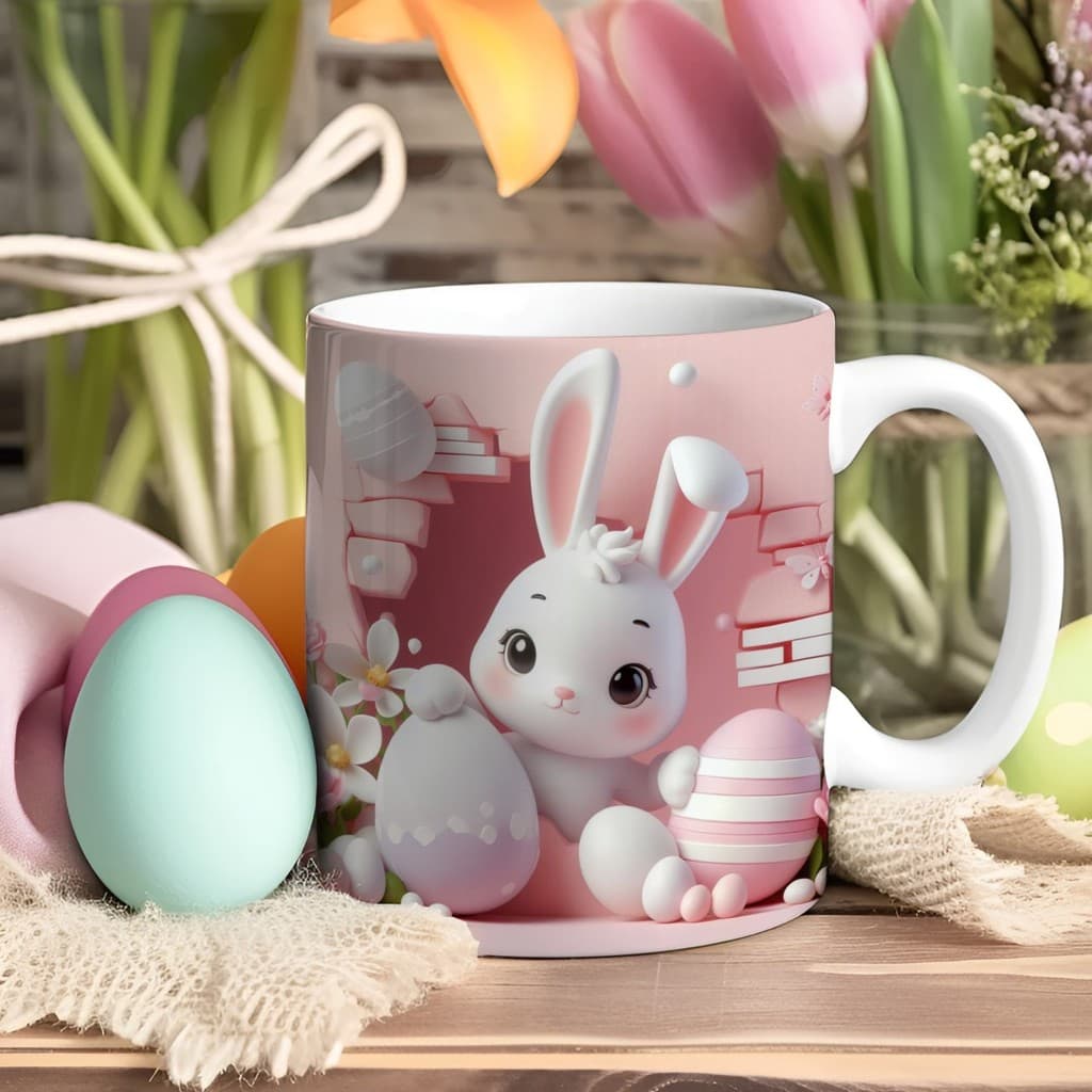 Caneca Coelho 3D Porcelana Feliz Páscoa Lembrancinha Presente Cesta Chocolate