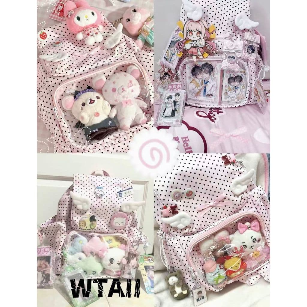 Coreano Retro Mochila De Grande Capacidade Polka-dot Asa Dor Saco Bonito Escola Versátil