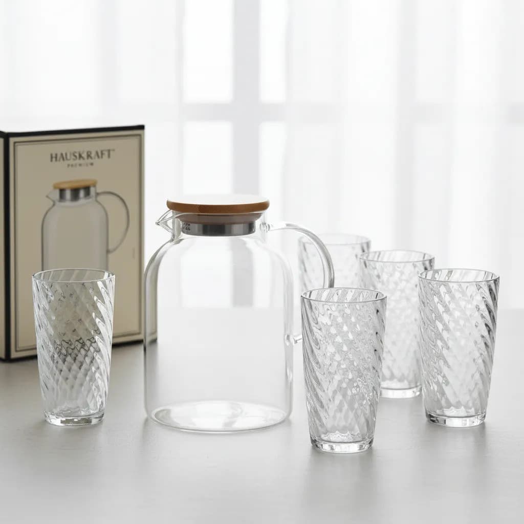 Kit Elysée: Conjunto Copos Vidro Long Drink 400ml 6 Peças + Jarra Borossilicato 1.5l Tampa Bambu