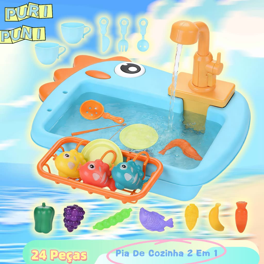 Pia de Cozinha Infantil 2 em 1 com Água Corrente Automática – Brinquedo Divertido e Educativo