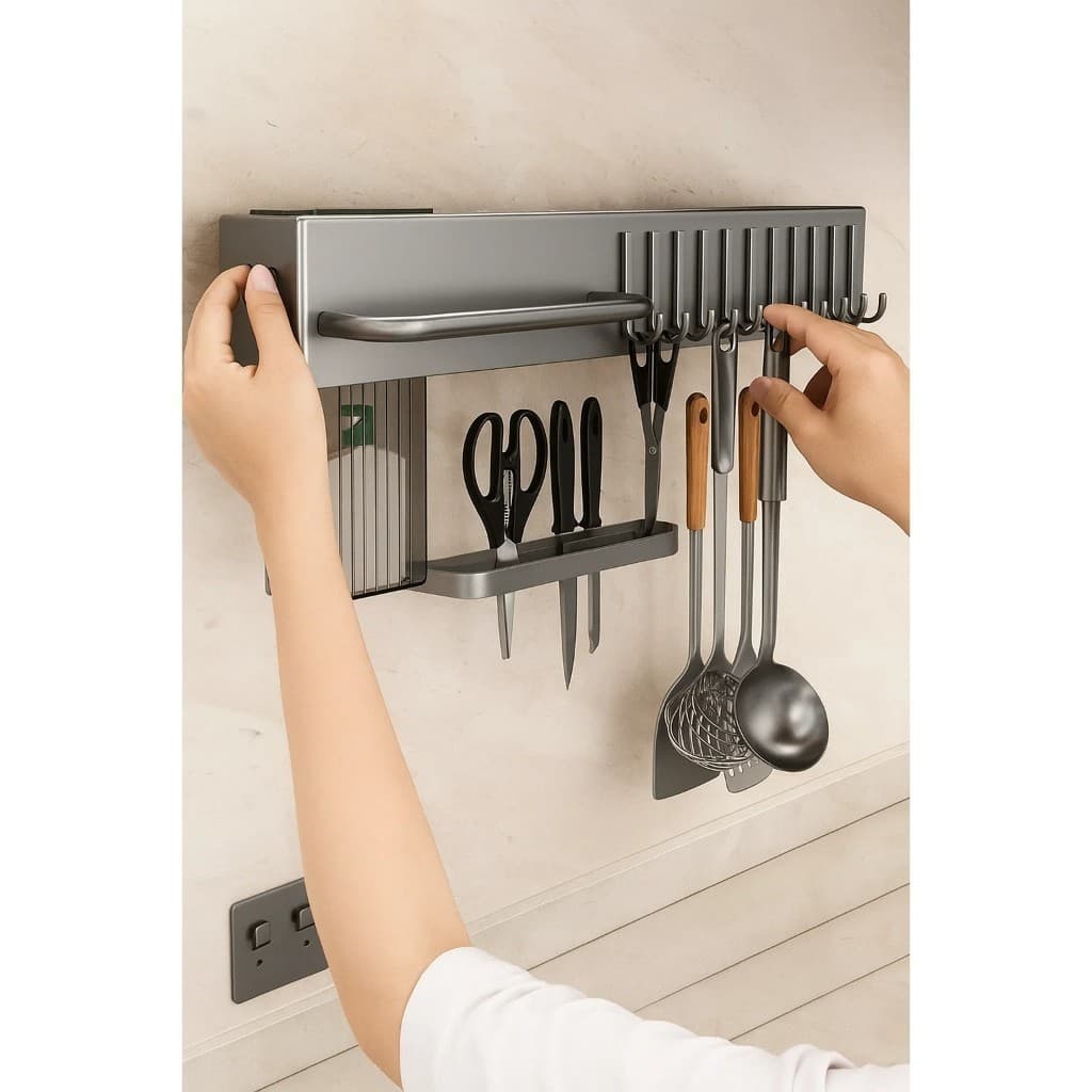 Suporte Aramado Organizador Cozinha 10 Ganchos Cinza Pendurar Utensílios Talheres Acessórios Parede