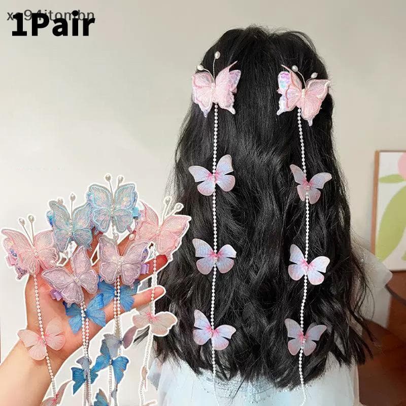 itens 2 Peças De Grampos De Cabelo De Princesa Meninas Gaze Borboleta Pérola sel Trança Doce Crianças Festival Vestir Ac