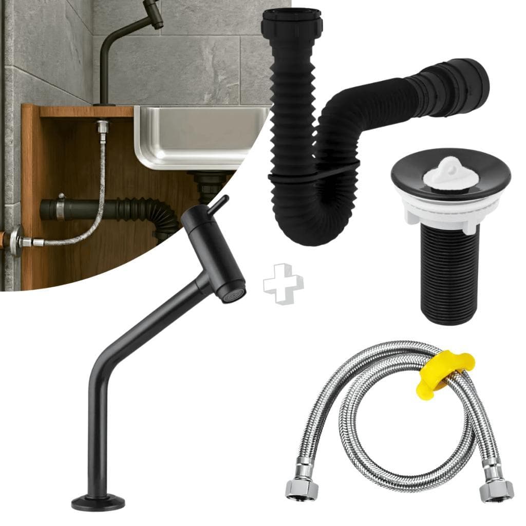 Kit 4 Peças Banheiro Torneira Lavatório Preta Fosca + Sifão + Válvula + Engate Inox Metrix
